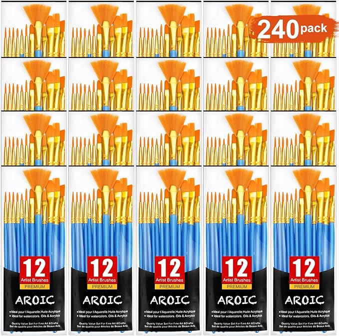 AROIC Painting Brush Set, 20 Packs /240 Pcs, Nylon Brush Head, Suitable for Oil and Watercolor, Perfect Suit of Art Painting, Best Present for Painting Enthusiasts.