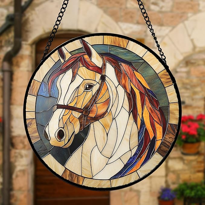 Stained Glass Window Hanging, Animal Horse Colored Mane Sun Catchers Glass Panel Cool Suncatcher Decor for Birthday for Women, Men, Wife, Aunt, and Mom 6.3 in