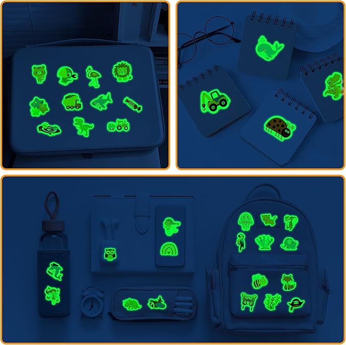 Glow in The Dark Cartoon Water Bottle Sticker for Kids, 100 pcs Waterproof Cute Vinyl Laptop Decals, Kids Teens Adults Phone Case Scrapbook Helmet Skateboard Luggage Decoration