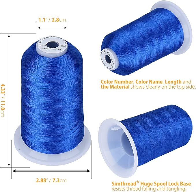 Simthread Embroidery Thread 5500 Yards Dark Electic Blue 420, 2 Huge Spools 40wt Polyester for Brother, Babylock, Janome, Singer, Pfaff, Husqvarna, Bernina Machine