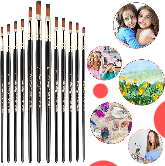 12 Pcs Filbert Paint Brushes Soft Artist Brushes Flat Nylon Bristles Painting Brushes with Wood Handle Paint Brush Set for Acrylic Oil Watercolor Gouache Painting