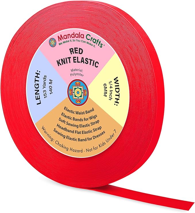 Mandala Crafts Wide 1/4 Inch Red Elastic Bands Spool for Pants Waistbands Sewing and DIY Crafts, 153 YD Stretchy Flat Fabric Strap Knit Elastic Band for Wig