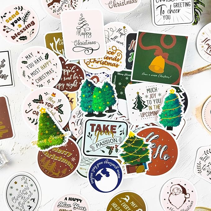 Christmas Round Label Stickers, 100 pcs Merry Tag Stickers for Envelope Seal, Scrapbook, Journals, Holiday, New Year, Inspirational DIY Crafts, iPhone, Laptop, Water Bottle, santa-100