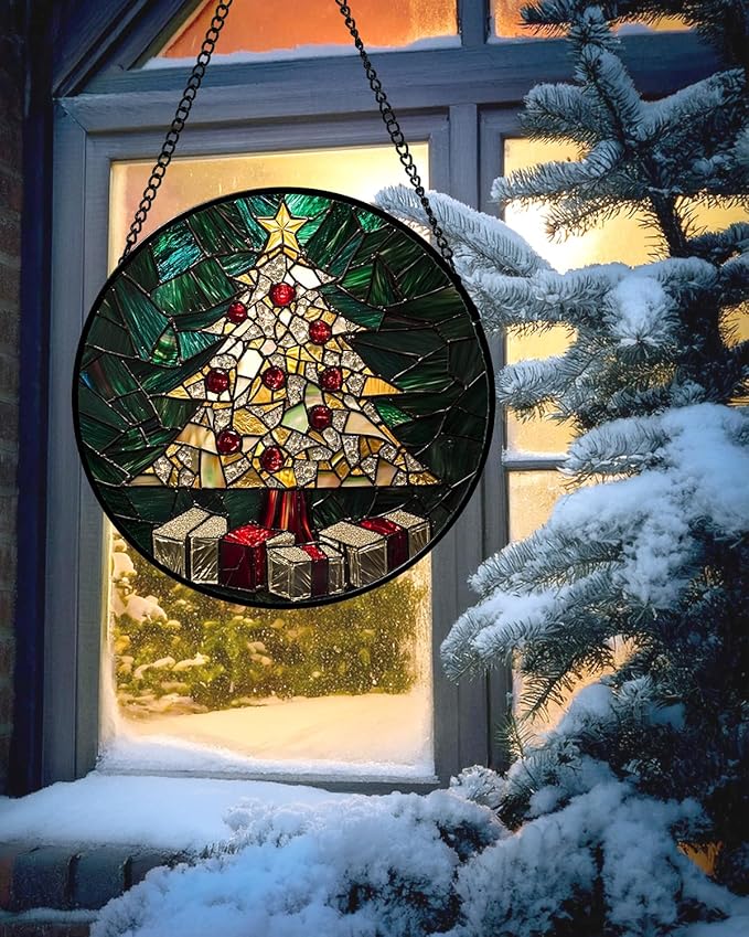 Stained Glass Window Hanging - Golden Christmas Tree Suncatcher for Doors Home Christmas Decoration Winter Sun Catcher Thanksgiving New Year Birthday Gifts for Women Men Mom Nana Girl 6.3 in