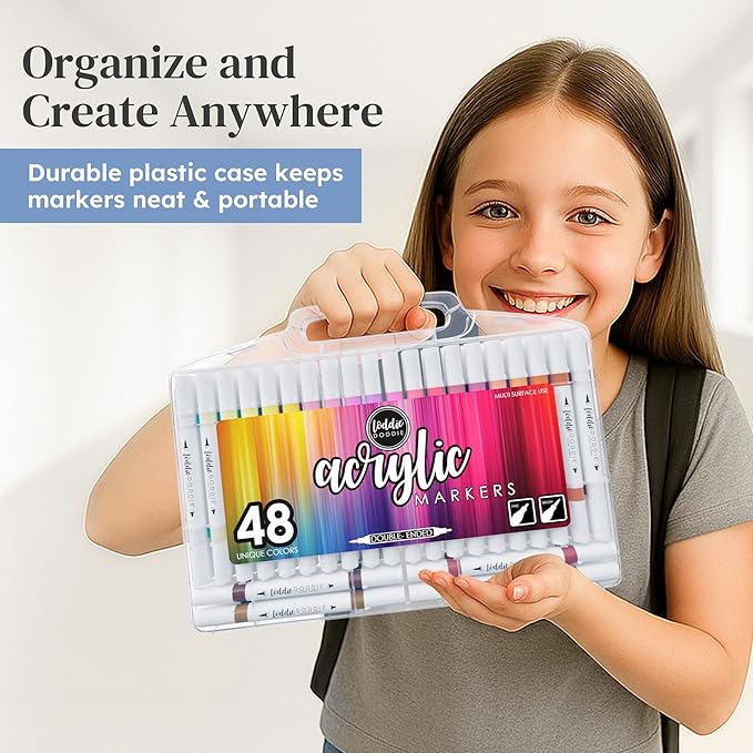 Loddie Doddie Acrylic Markers, 48 Unique Colors, Double-Ended Multi Surface Art Markers Set with Fine and Brush Tips, Portable Storage Case for DIY Projects, Crafts, and Decor (48)