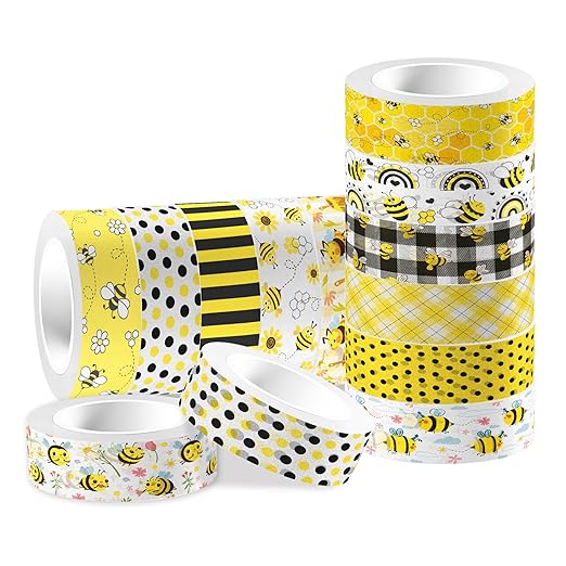 12 Pcs Bee Washi Tape Set Blue Yellow Black Honey Daisy Bee Patterned Masking Tape Bee Decorative Paper Sticker for Scrapbook DIY, Planner, Craft Gift Wrapping Handbook Sticker