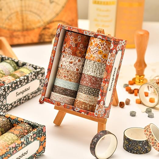 12 Rolls Flowers Washi Tape Set Floral Arts Adhesive Tapes Blooming Garden Decorative Masking Tape Sets for Craft, Kids, Scrapbook, DIY, Gift Wrapping (Autumn Twilight)