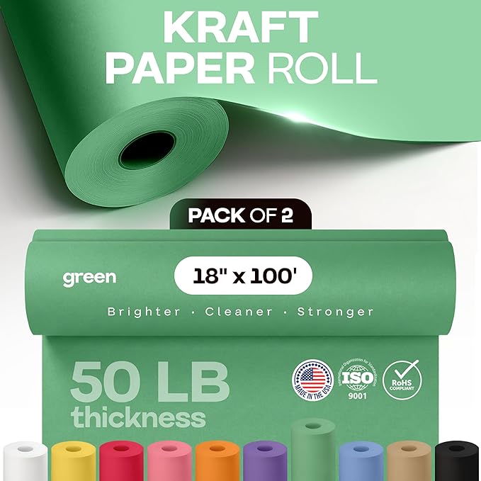 18" x 1200" (100 ft) Green Kraft Paper Roll, Pack of 2 - USA-Made Quality Craft Paper for Gift Wrapping, Kids' Arts & Crafts, School Projects - 100% Recycled, 50 lb Natural Material by IDL Packaging