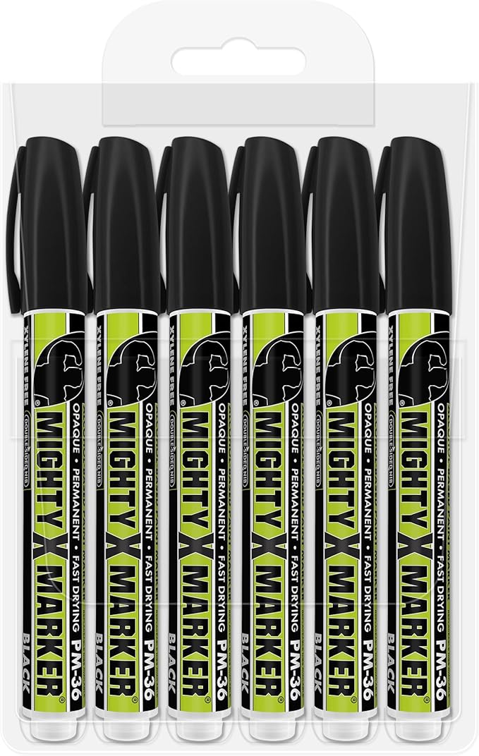 PM-36 Paint Marker, 2.3mm Bullet Tip, Permanent & Waterproof, DIY Crafts, Drawing, Glass, Ceramic, Stone, 6 Bonus Reversible Tips, Made in USA, Black 6 Pack