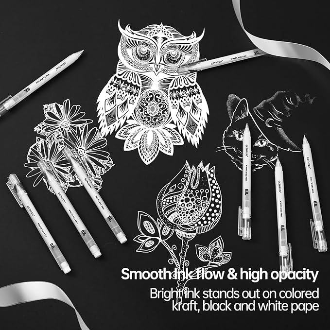White Gel Pens,0.6mm 08mm 1.0mm Fine Point Opaque White Archival Ink Pen for Black Paper Drawing, Sketching, Illustration, Bullet Journaling, Pack of 9