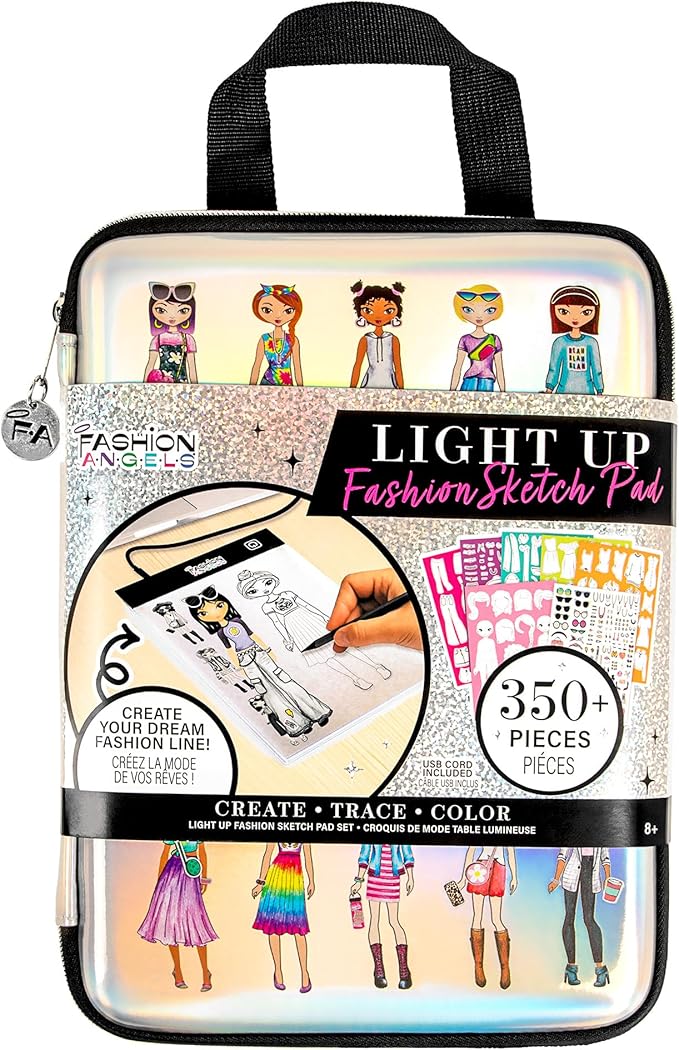 Fashion Angels Fashion Design Light Up Sketch & Tracing Pad, Includes Holograpic Carrying Case, USB, Ultra Thin Tablet, 350+ Stencils & Stickers, Ideal for Kids Ages 8+