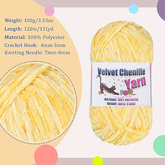 4 * 100g Fluffy Velvet Chenille Yarn for Crocheting and Knitting, Handcrafts Weaving Soft Chenille Yarn for Crocheting Clearance, Used for Making Baby Yarn Blanket, Clothes, DIY Craft (Yellow)