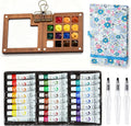 Mini Portable Watercolor Palette Set-Grid Paint Box with Binder Clips Include 24 Colors Paint - Brush*3 and Picture Album Art Materials Coloring Markers for Travel, Creative Drawing Kit for Beginners and Art Enthusiasts(Blue Wood-L)