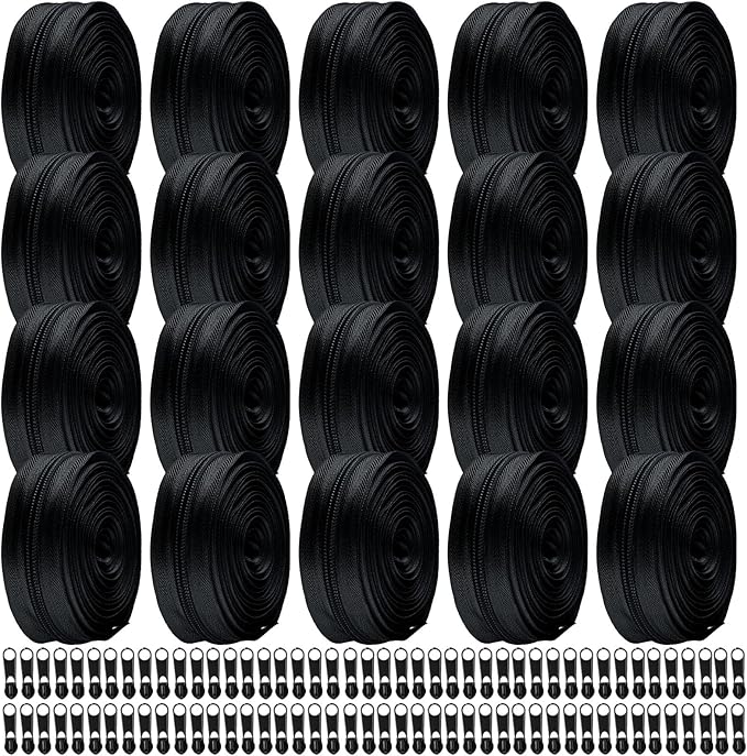 WILLBOND 100 Yards 20 Pcs Sewing Zippers Bulk #5 Nylon Coil Zippers Black Zipper for Sewing with 200 Zipper Sliders for DIY Tailor Bags Purses Crafts Supplies(Black)