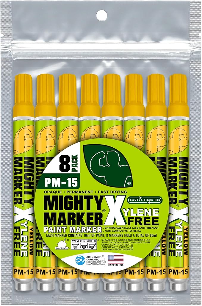 PM-15, Eco-Friendly Paint Marker, Alcohol-Based & Xylene-Free, Waterproof & Permanent, 10ml, 2.3mm Tip, 8 Bonus Tips, Made in USA, Yellow 8 Pack