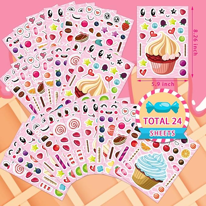 24 Sheets Make-a-face Cupcake Stickers Make Your Own Dessert Stickers Mix and Match Sweets and Fruit Treats Party Favor Supplies for Kids Ice Cream Sticker Games Birthday DIY Art Crafts