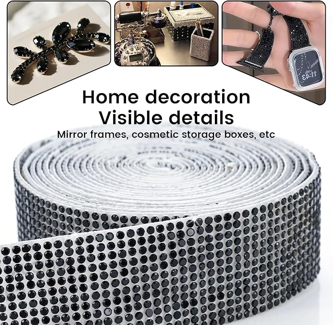 Novani Self Adhesive Rhinestone Ribbon, 1.14 Inch Wide 3 Yards 1 Roll, Black Crystal Diamond Bling Strips for DIY Crafts, Home Decor, Glitter Glass Rhinestones Tape for Crafting, Car Decoration