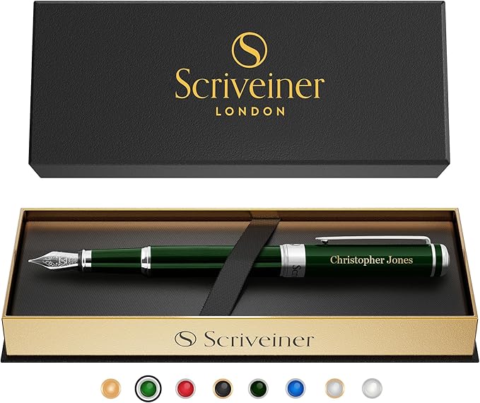 Scriveiner Personalized British Racing Green Fountain Pen - Stunning Green Lacquer Luxury Pen w/Chrome Finish, German Schmidt Nib (Medium), Best Engraved Pen Gift Set for Men & Women, Name Engraving