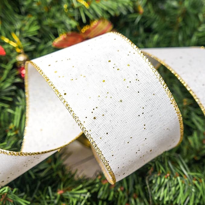 CT CRAFT LLC Whtie Burlap Fabric Confetti Glitter Wired Ribbon 2.5" x 10 Yards White Color for Christmas Home Wedding Decor Gift Wrapping Tree Topper Bow Wreath Bouquet DIY Crafts