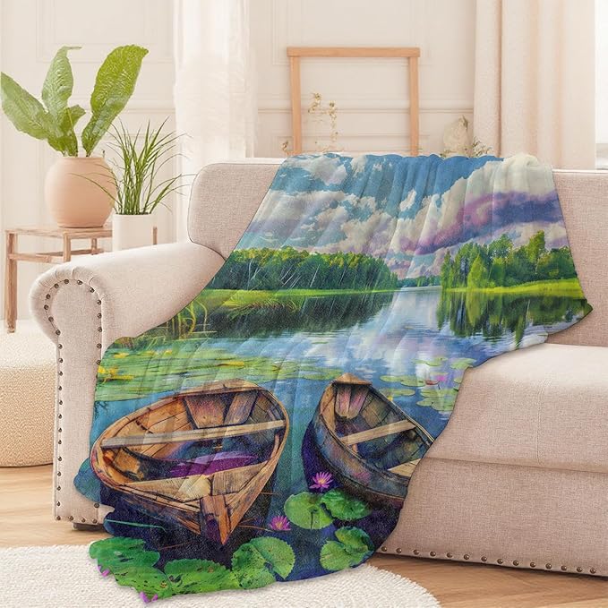 Rowboat Lake Nature Throw Blanket for Boys Girls Kids Adults Women, Fuzzy Warm Soft Cozy Flannel Blankets Gifts for Bedroom, Couch, Travel, Home Decor 60x80 in