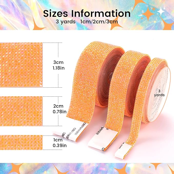 Novani Self Adhesive Rhinestone Ribbon, 1.18 Inch 3 Yards 1 Roll, Orange AB Diamond Bling Strips for DIY Crafts, Glitter Resin Rhinestones Tape for Crafting, Car Decoration