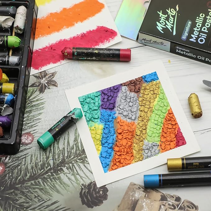 Mont Marte Metallic Oil Pastels Signature 12pc, Assorted Metallic Colors, Vibrant and Buttery, Versatile Art Pastels for Blending, Layering & Shading, Ideal for Art, Craft, Coloring and Sketching