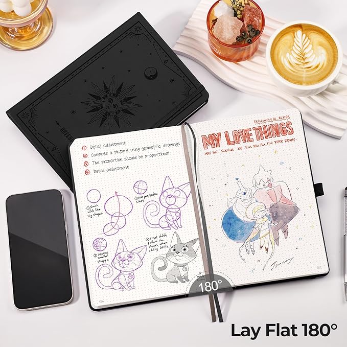 EMSHOI Bullet Dotted Journal Notebook - 320 Pages, 100gsm Thick Paper, A5 Hardcover Leather, Dot Grid Notebook for Women Men Work Writing, Bullet Journaling, Drawing, 5.75 x 8.38, Black