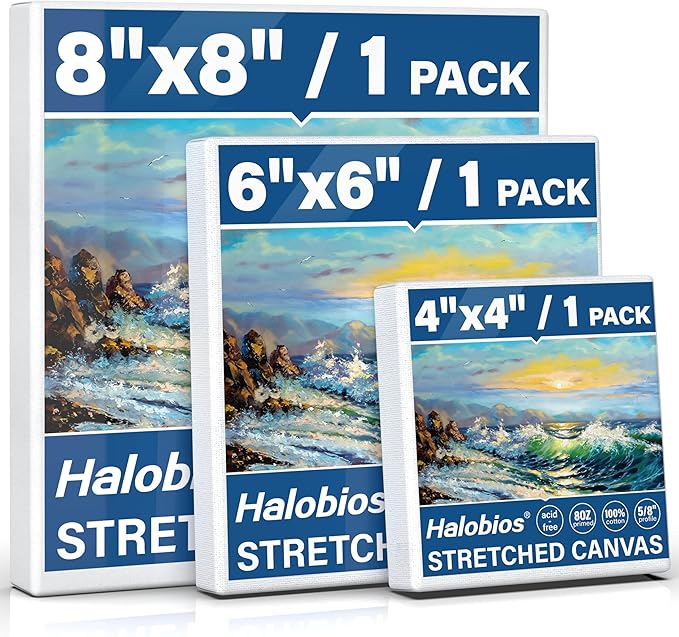 3 Packs Stretched Canvases for Painting with 4x4 Inch, 6x6 Inch, 8x8 Inch, Square Blacnk Canvases for Acrylics,Oils & Other Painting Media, 5/8 Inch Profile 100% Cotton Artist Framed Canvas