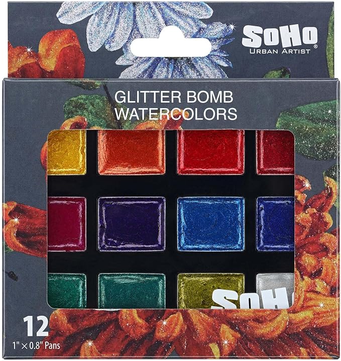 Soho Urban Artist Glitter Bomb Watercolor Paints - 12 Glitter Watercolor Paint Colors, Semi-Moist, Ultra-Sparkly for Shimmering Mixed-Media Art & Journaling