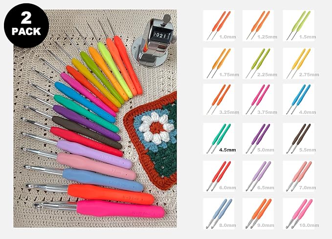 2Pcs 4.5mm Crochet Hooks, Ergonomic Crochet Hook for Arthritis and Beginners, Extra Long, Smooth, Comfortable (7/4.5mm)