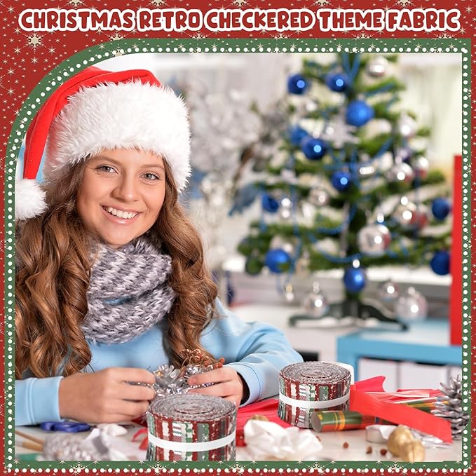 40 Pcs Vintage Plaid Christmas Quilting Fabric Roll 2.56 Inch Precut Fabric Squares Jelly Patchwork Red and Green Checked Strips Materials for Winter Xmas Holiday Craft Sewing Panels DIY