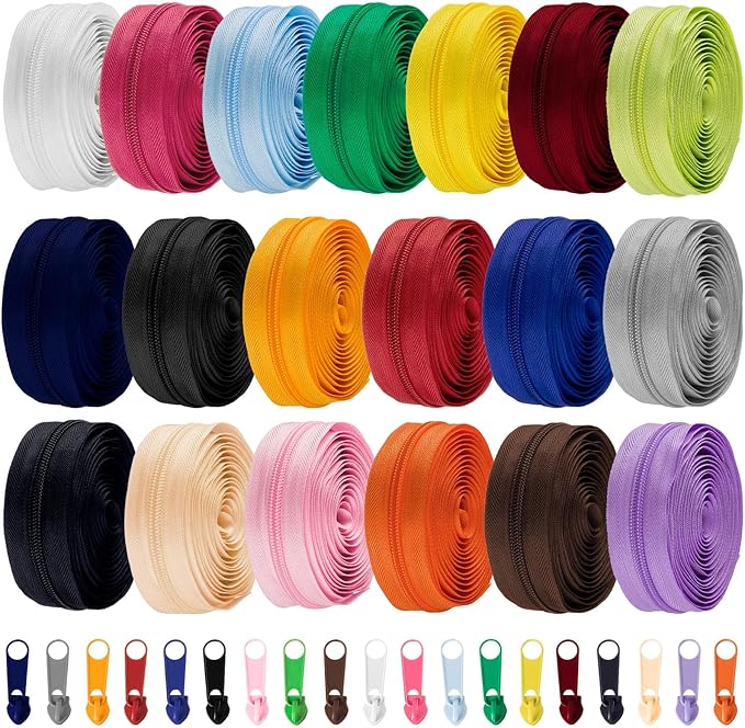 WILLBOND 120 Yards 20 Pcs Sewing Zippers Bulk #5 Nylon Coil Zippers 20 Color Assorted Zipper for Sewing with 200 Zipper Sliders for DIY Tailor Bags Purses Crafts Supplies (Various Color)