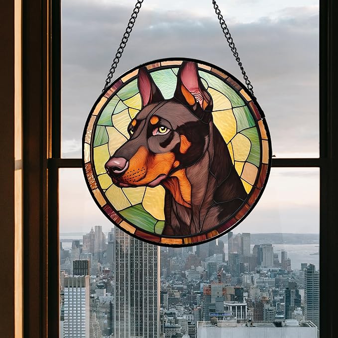 Stained Glass Window Hanging - Funny Dark Brown Doberman Pinscher Suncatcher for Door Terrace Garden Home Decor, Pet Dog Sun Catcher Birthday Gifts for Lovers Women Men Dad Mom Nana 7.8 in