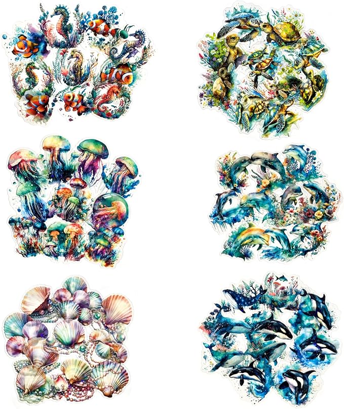Yoksas 60Pcs Holographic Ocean Life Jellyfish Turtles Stickers - Sea Marine Animal Whales Dolphins Seahorses Stickers for Junk Journal,Scrapbooking Supplies,Planner