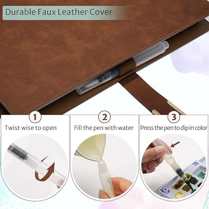 Vienrose 9" x 7" 3 Ring Watercolor Sketchbook, Faux Leather Cover Professional Art Journal with Detachable 24 Sheets 48 Pages, Ideal for Water Coloring, Sketching, Painting, Darkbrown