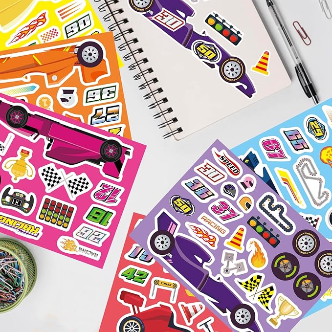 24 Sheets Make Your Own Race Car Stickers, Sporty Racing Car Stickers for Kids, Racing Gifts Party Favors Supplies, Classroom Teacher Reward Educational Toy Art Craft