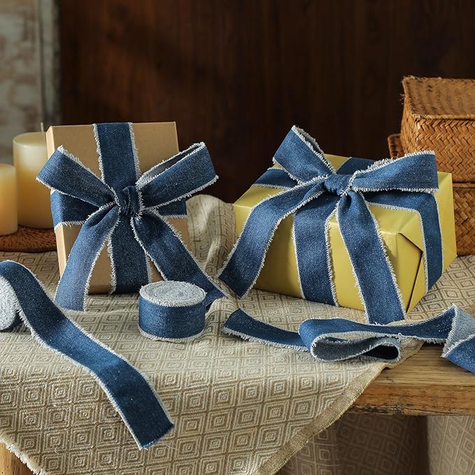 Pretty Jolly Blue Denim Ribbon for Crafts Handmade Rustic Frayed Cotton Jean Fabric Ribbon for Flower Bouquet 15 Yards 1 1/2 Inch Cloth Ribbons for Gift Wrapping Hair Sewing Accessories Holiday Decor