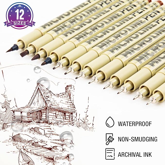 Sepia Micro Pen Set, 12 Sizes Brown Ink pen Drawing Pens, Waterproof Archival Ink Fineliner Pens for Journaling and Writing, Fine Line Art Markers for Detailing Drawing, Sketching