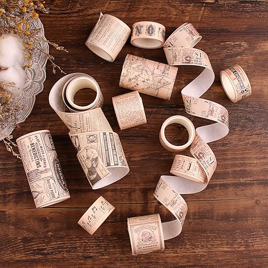 Dizdkizd Washi Tape Set, 12 Rolls Antique Masking Tape Washi Tape Map Newspaper Vintage Stickers Scrapbook Decorative Tape Bullet Journal Supplies Brown Junk Journal Supplies