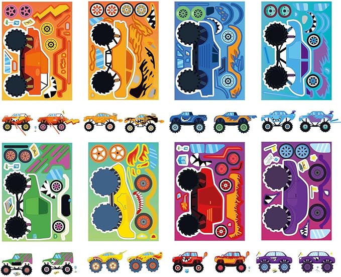 24PCS Monster Truck Stickers, Make Your Own Stickers, Monster Truck Themed Birthday Party Favor, Cartoon Car Make-a-face Sticker Teacher Classroom Rewards Activities for Girls Boys