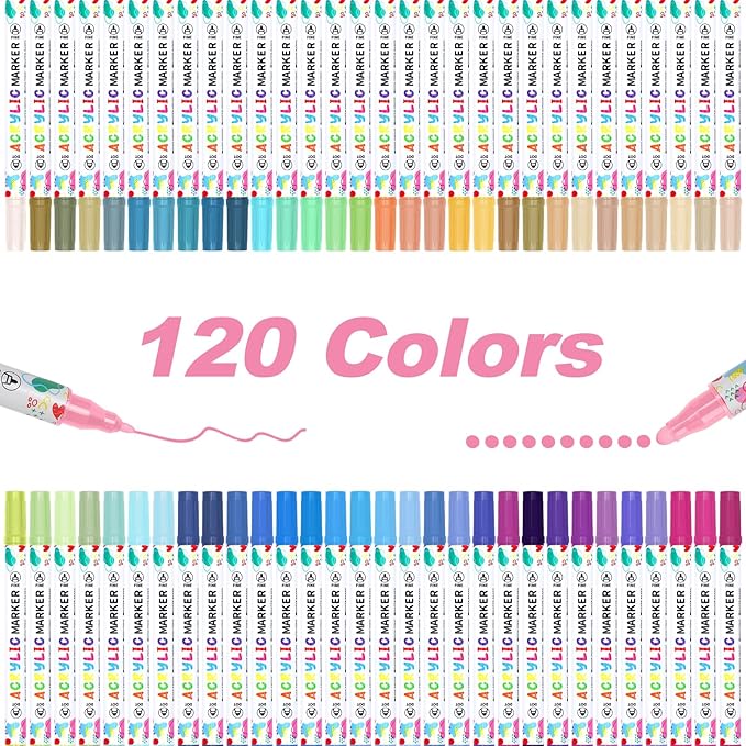 120 Colors Acrylic Paint Pens, Dual Tip Acrylic Paint Markers for Paper, Wood, Canvas, Stone, Rock Painting, Glass, Fabric, DIY, Ceramic, Art Supplies for Adults Drawing (Dot + Fine)