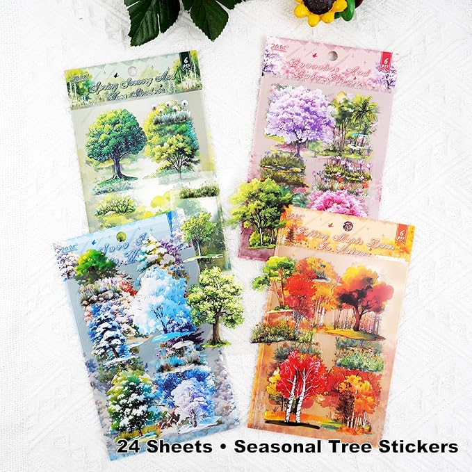 24 Sheets Seasonal Tree PET Stickers Set, Four Seasons Forest & Blossom Designs - Waterproof Pre-Cut Art for Scrapbook Journals Planners DIY Décor