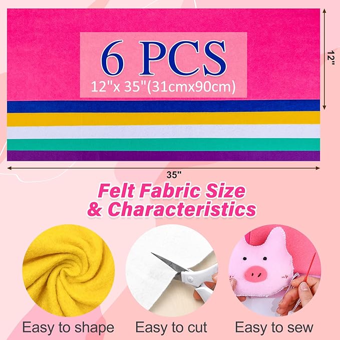 XSEINO 6 Rolls 12"x35" 1.4mm Thick Soft Felt Fabric Sheet 6 Assorted Memphis Series Colors Felt Pack for DIY Craft Sewing Squares Nonwoven Patchwork