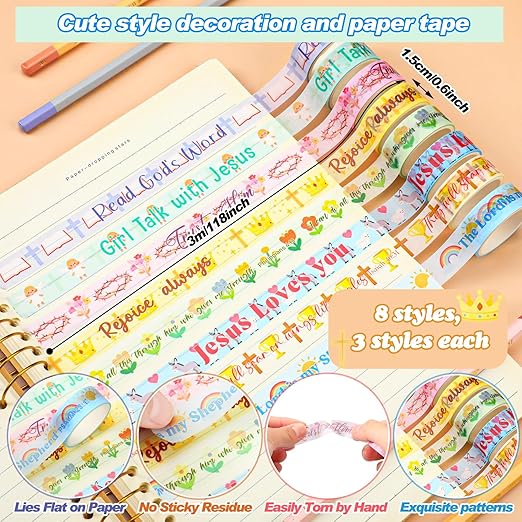Janlaugh 24 Rolls Christian Washi Tape for Bible Journaling Gifts Bulk Religious Inspirational Scripture Supplies Cute Floral Bible Verse Washi Tape for Study Crafting Spring Gifts Favors