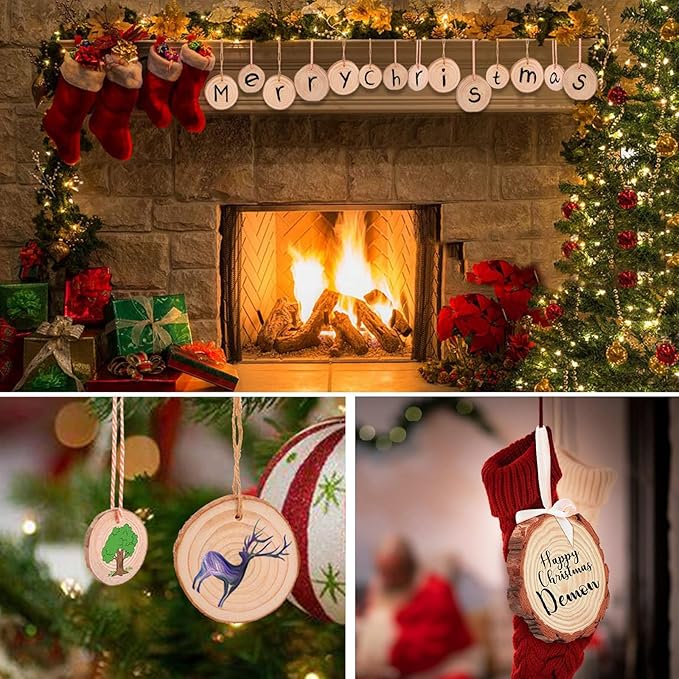 Wood Slice Ornaments 54 Pcs 2.4-2.8 Inches,Unfinished Natural Wood Cookies,Predrilled with Hole Wood Slices for Crafts,Christmas Ornaments Wedding Decorations etc. ﻿