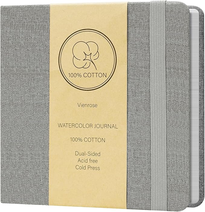Vienrose Watercolor Sketchbook, 5.5"x5.5" Watercolor Journal with 24 Sheets 140 LB (300 GSM) Cotton Watercolor Paper, Grey Linen Cover Water Coloring Sketch Book As Travel Notebook