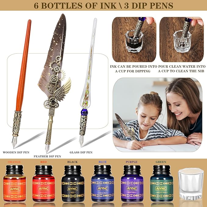 Quill Pen Ink Set, With Quill Pen, Wooden Dip Pen, Glass Dip Pen, 6 Bottles Ink, 16 Letter Paper, 2 Envelopes, 17 Nibs, Pen Holder,2 Bottles Fire Lacquer Wax, Stamp, Spoon, White Wax, Cup(Grey)