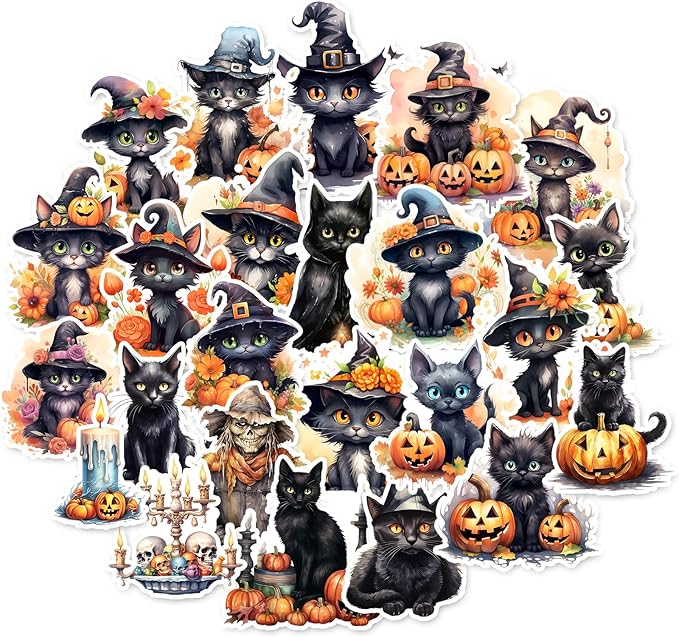 100 Pcs Black Cat and Witch Stickers, Horrible Pumpkin Stickers for Scrapbook, Junk Journal, Collages, Halloween Party Favors, Waterproof Vinyl Sticker for Laptop, Window, Water Bottles