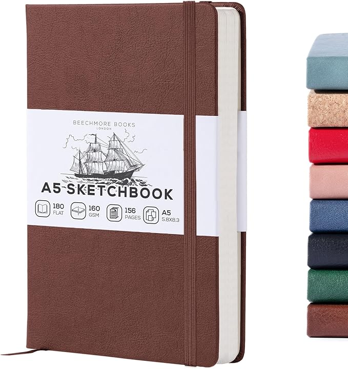 Beechmore Books A5 Sketchbook – 5.8x8.3 Premium Vegan Leather Bound Large Sketch Book Hardcover with 156 Thick 160gsm Perforated Ivory Pages, Blank Sketch Pad, Gift Boxed Back Pocket, Ribbon Bookmark