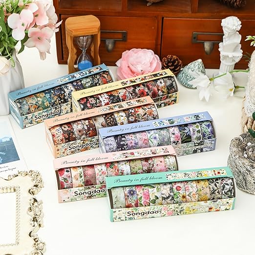 10 Rolls Blooming Flowers Washi Tape Set Floral Arts Adhesive Tapes Colorful Garden Decorative Masking Tape Sets for Craft, Kids, Scrapbook, DIY, Gift Wrapping (3-Blooms)